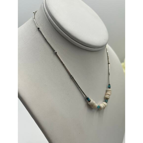 Vintage Southwestern Sterling Silver Turquoise and Shell Beaded Choker Necklace - Picture 5 of 9